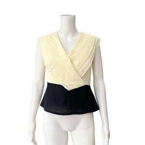 Cotelac Ivory Black Pleated V-Neck Peplum Blouse Top size 1/Small